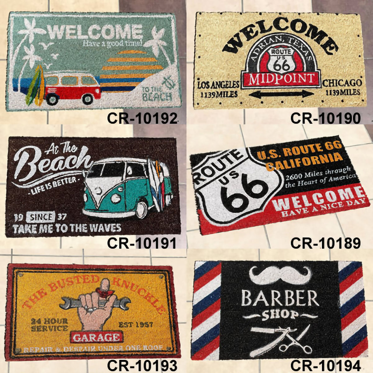 厳選ガレージ装飾セット01　選べる玄関マットとアンティーク メタルエンボスプレート6枚セット！