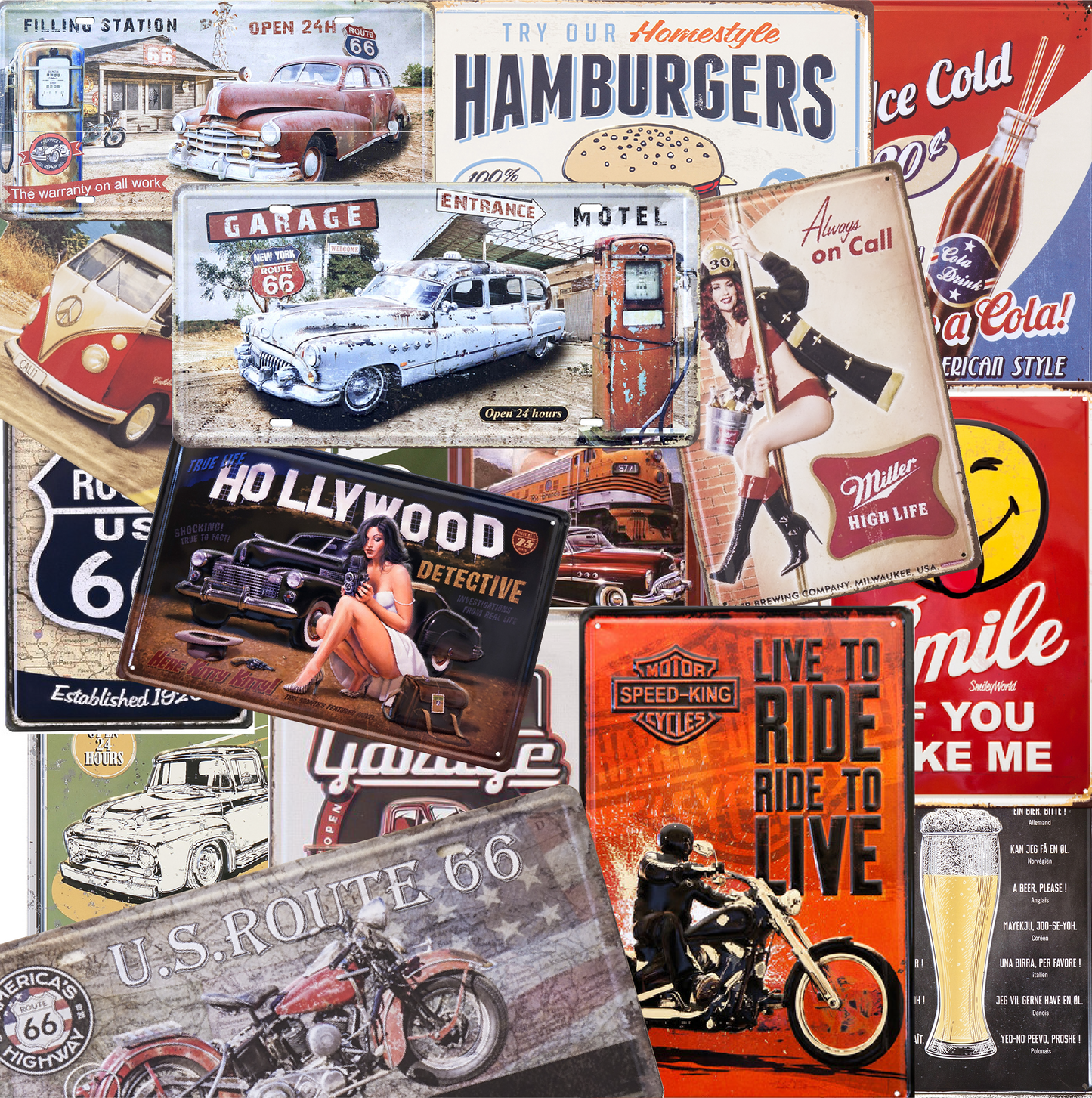 厳選ガレージ装飾セット03　選べる玄関マットとアンティーク メタルエンボスプレート6枚（ランダム）セット！