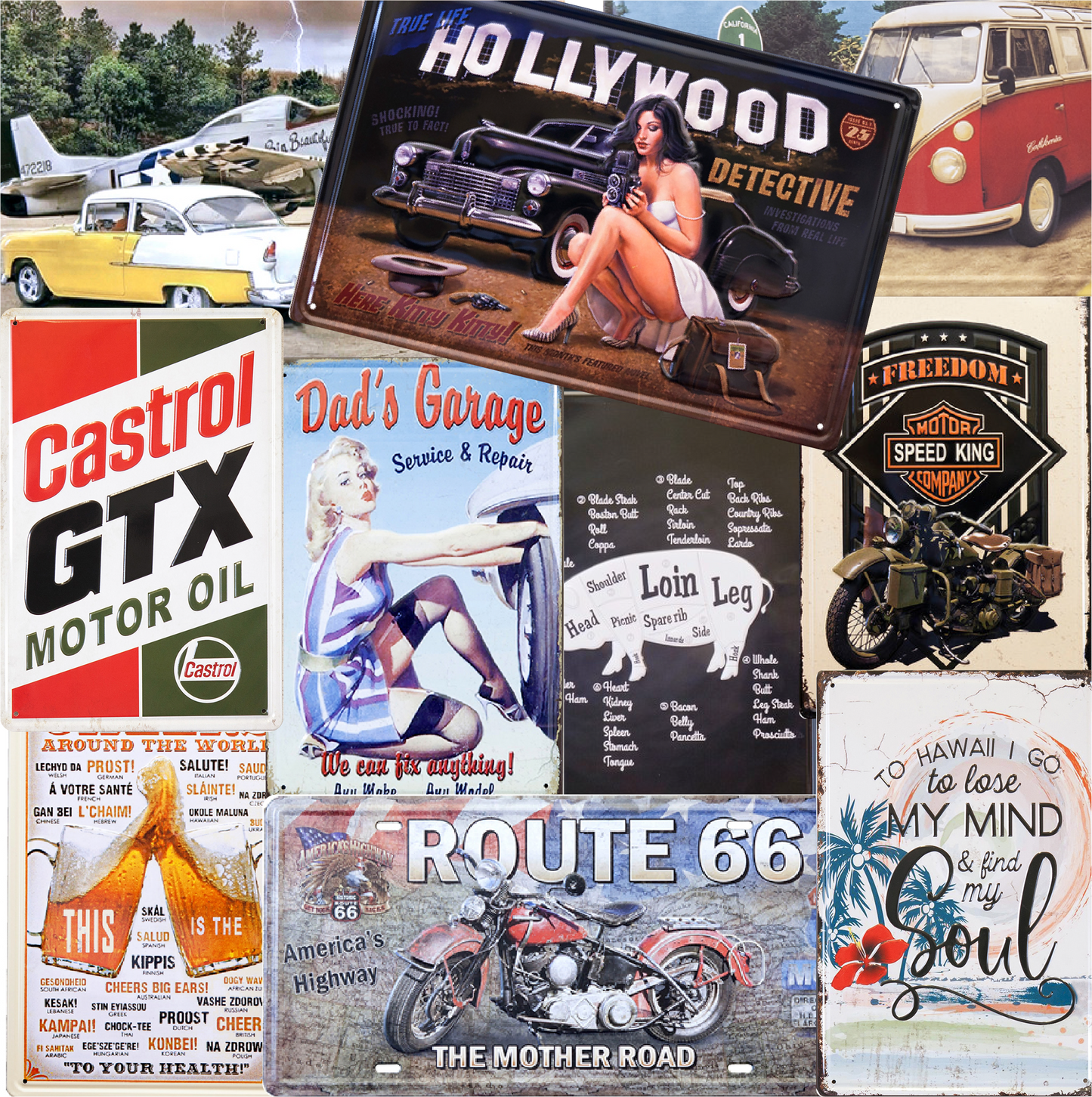 厳選ガレージ装飾セット03　選べる玄関マットとアンティーク メタルエンボスプレート6枚（ランダム）セット！