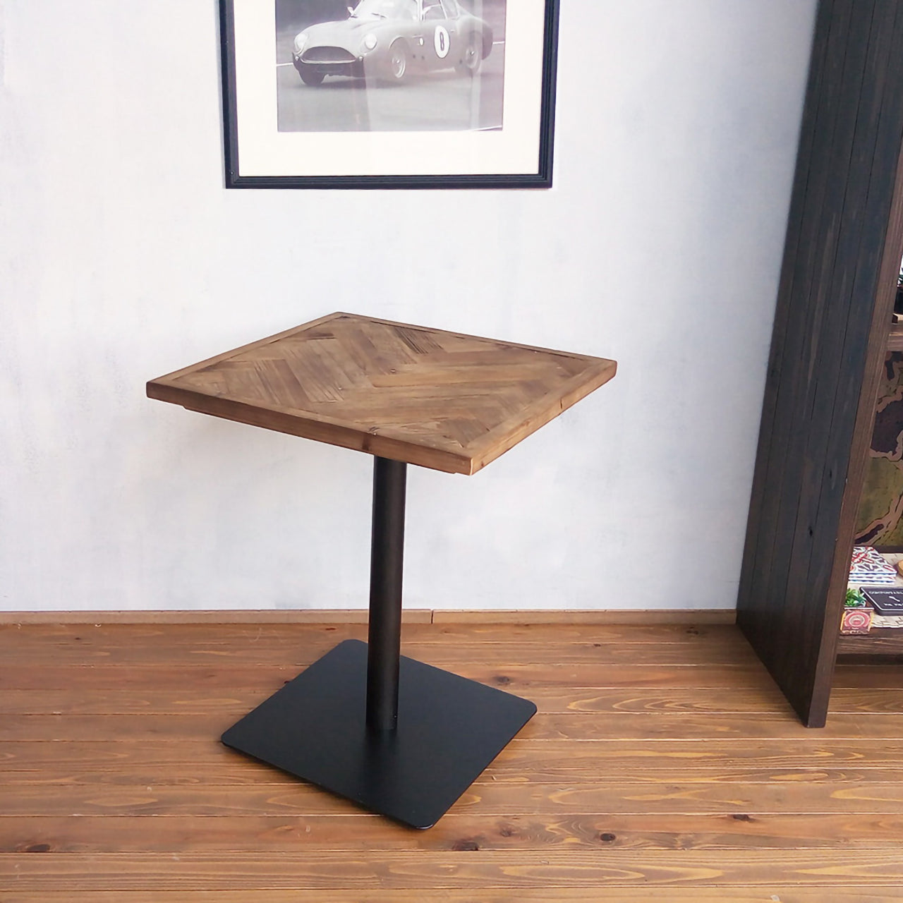 古材カフェテーブル ヘリンボーン／W600×D600